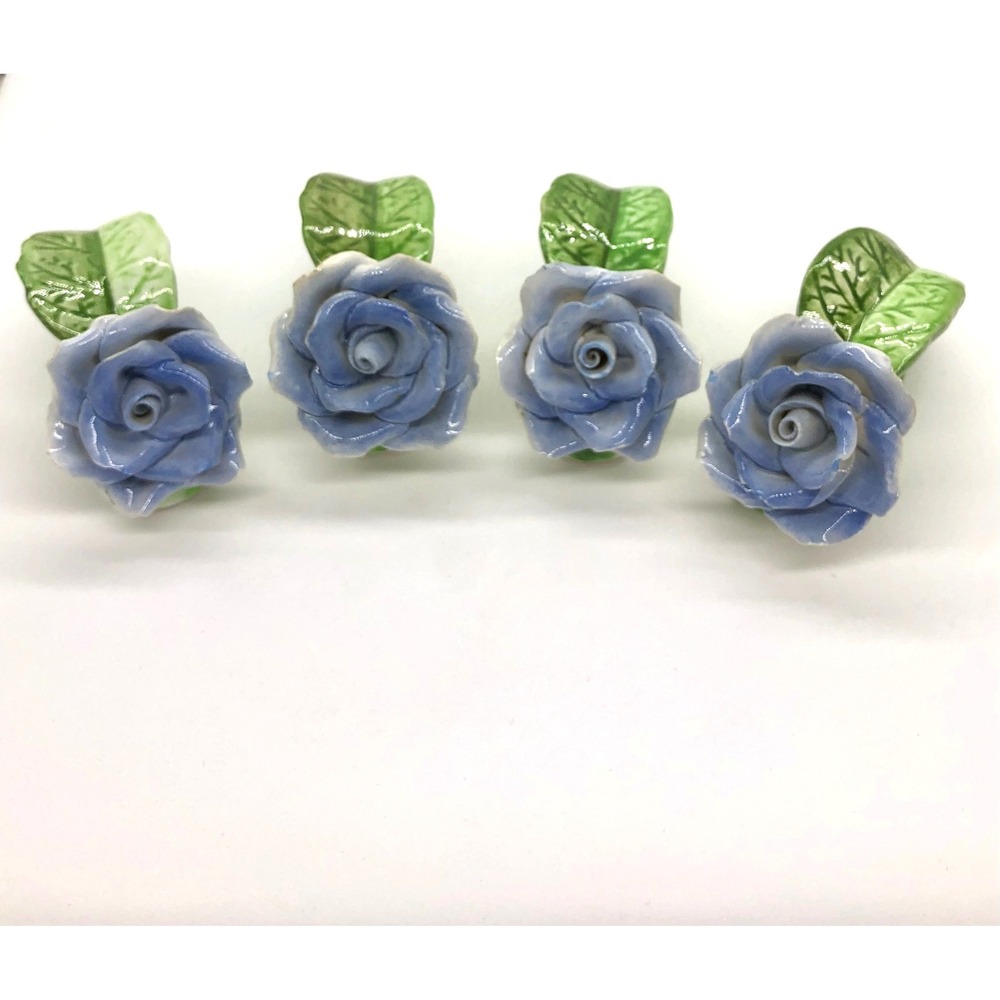 Set of 4 Ceramic Blue Rose Napkin Rings Floral Leaf Design Made in Philippines